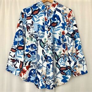 Chicos No Iron Stretch Shirt Size 1 (8) Button Up Cool Floral Print Cotton Blue